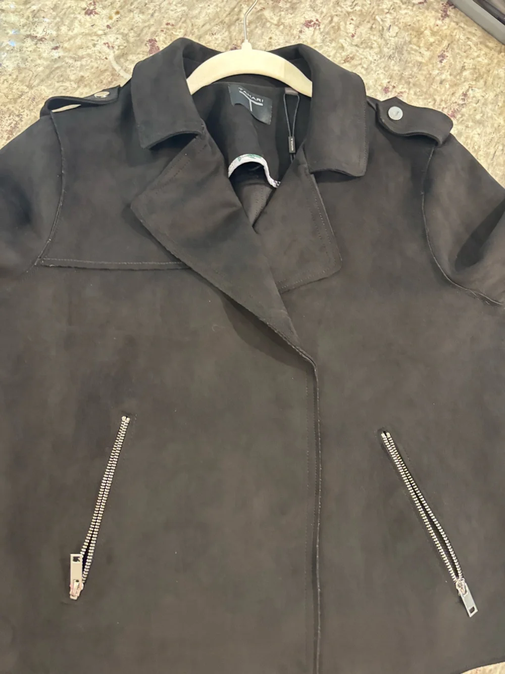 Tahari Black Suede-Look Faux Leather Moto Jacket with Zip Pockets - Picture 5 of 8
